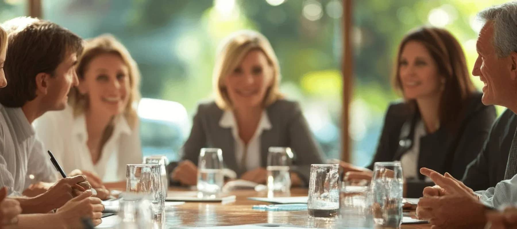 Succession planning challenges, colleagues laughing together around a meeting table.