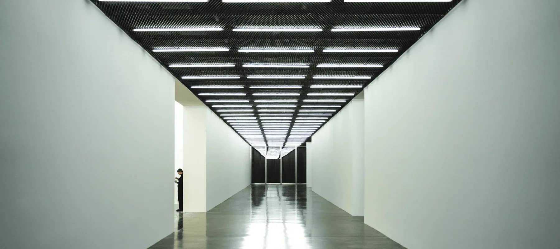 Venture capital for patient investors, a long corridor beneath a slatted ceiling.