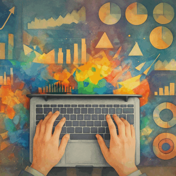 Illustration of hands typing on a laptop with colourful financial charts and graphs, representing fractional CFO services