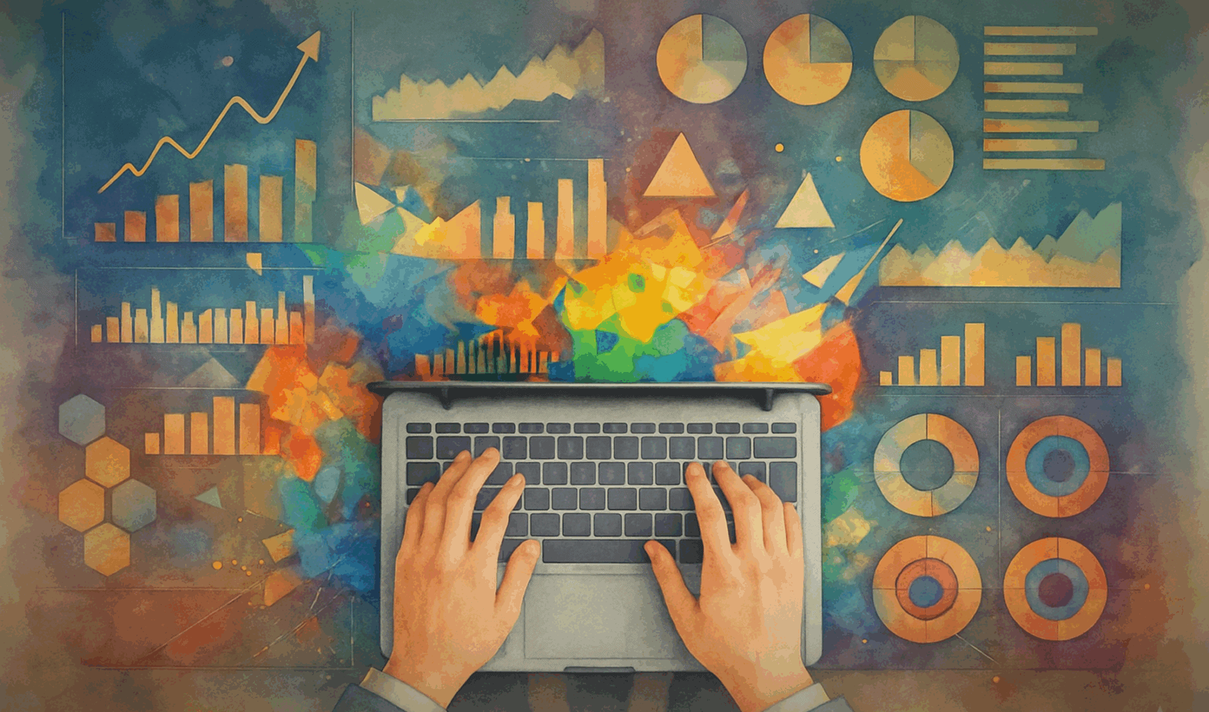 Illustration of hands typing on a laptop with colourful financial charts and graphs, representing fractional CFO services