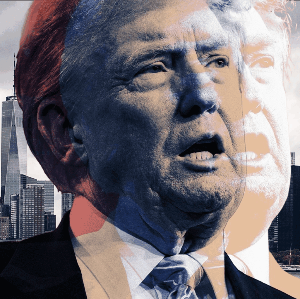 Stylised illustration of Donald Trump with New York City skyline in the background, used in family office case study