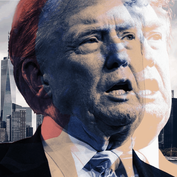 Stylised illustration of Donald Trump with New York City skyline in the background, used in family office case study