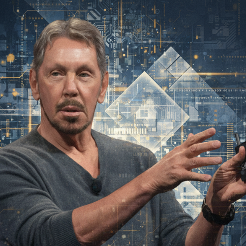 Portrait of Larry Ellison against a digital green technology background, used in family office case study