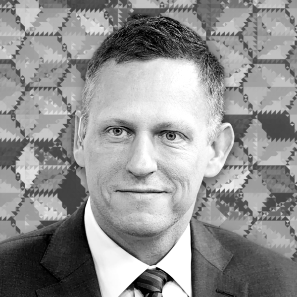 Black and white portrait of Peter Thiel in a suit with a geometric patterned background, used in family office case study