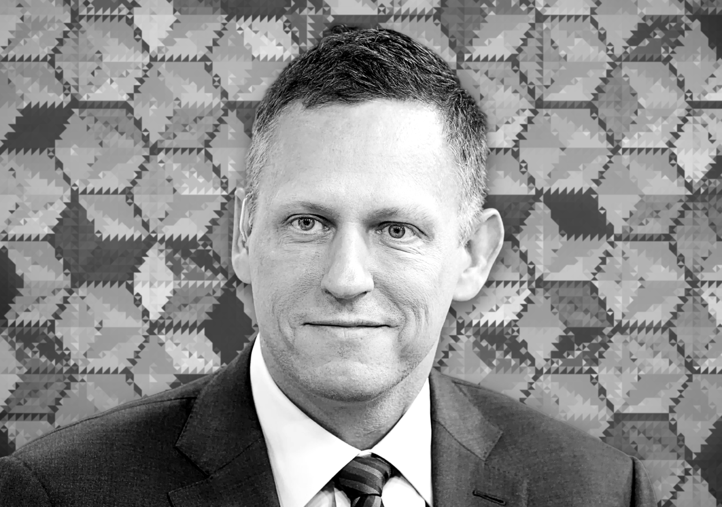 Black and white portrait of Peter Thiel in a suit with a geometric patterned background, used in family office case study