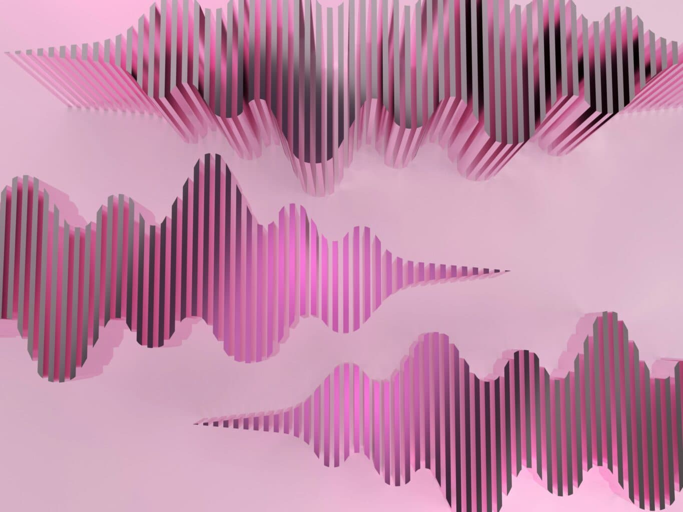 Abstract 3D soundwave pattern in pink and grey tones, representing AI, data, and digital transformation for family offices