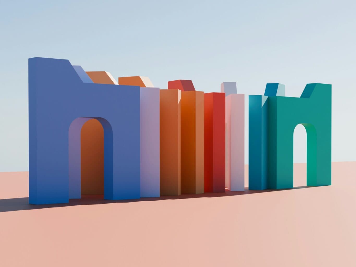 Abstract 3D geometric structures in blue, orange, and green tones by artist Ubaid E. Alyafizi, representing innovation and digital architecture in family office technology