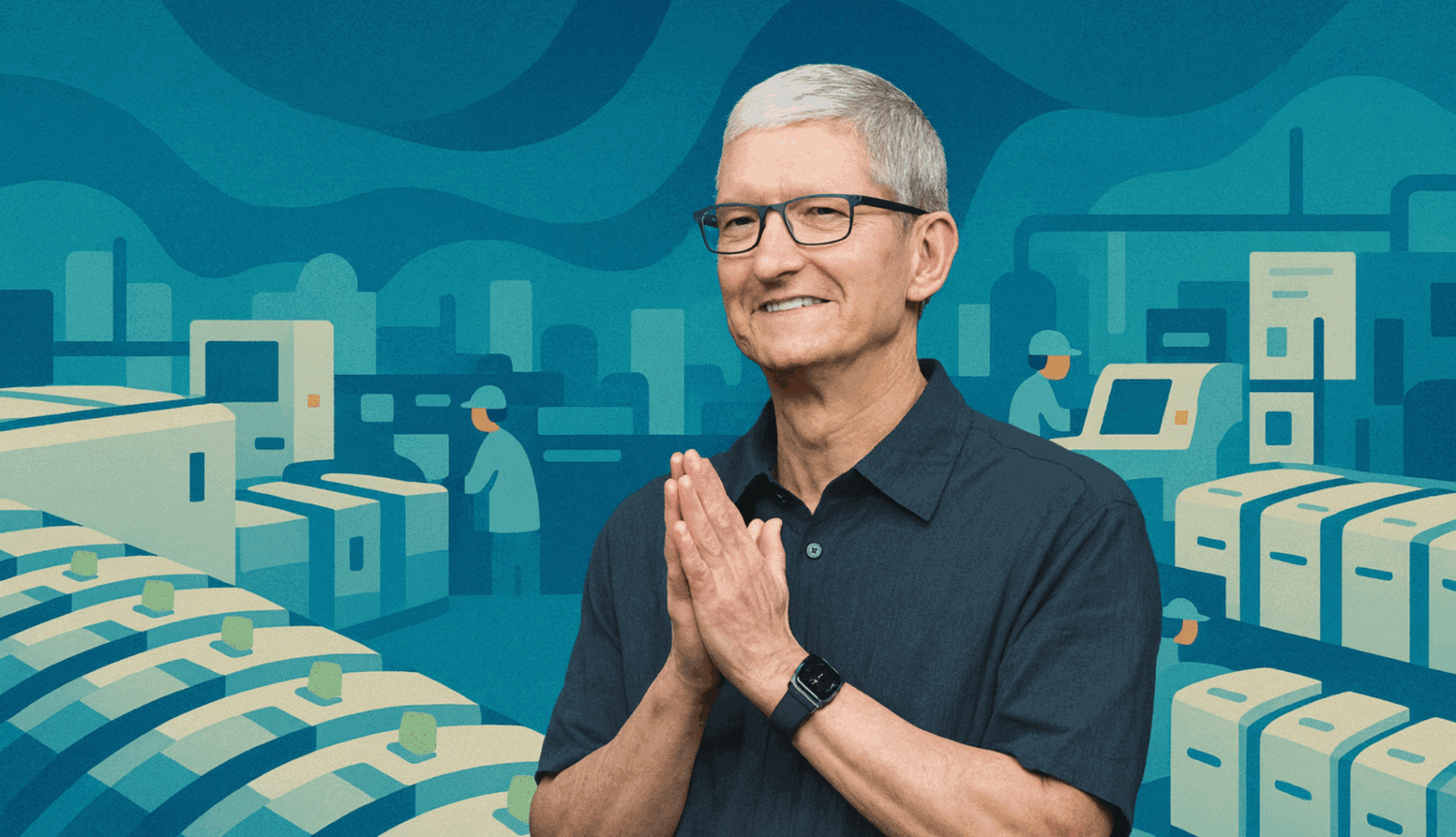 Tim Cook standing in front of an illustrated Apple-style manufacturing and operations background
